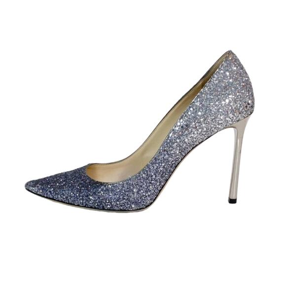 Jimmy Choo Shoes - Jimmy Choo Romy 100 Silver Glitter Pointed Toe Stiletto